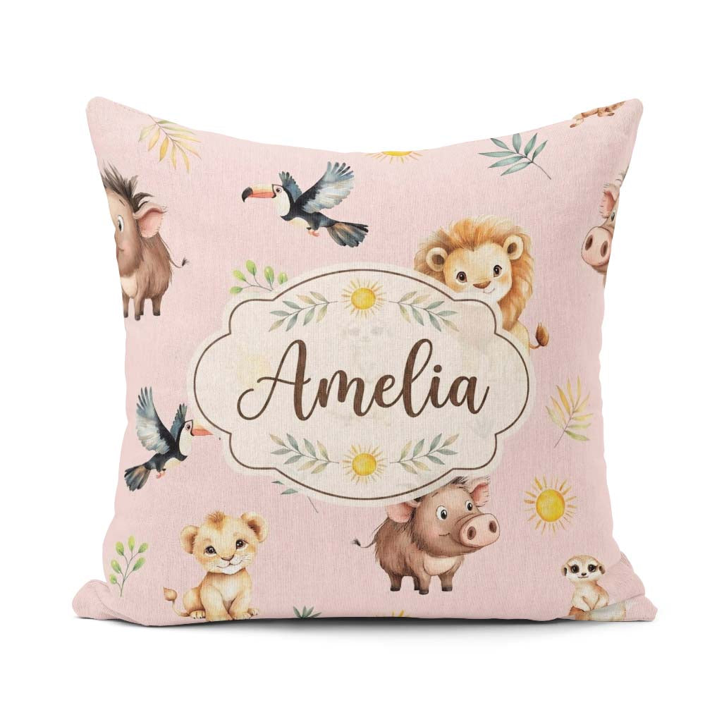 Custom Name Safari Animals Lion Meerkat, Warthog with Sun and on Square Filled Cushion Throw Pillow Sofa Bed Home Decor Zip Washable UK Made