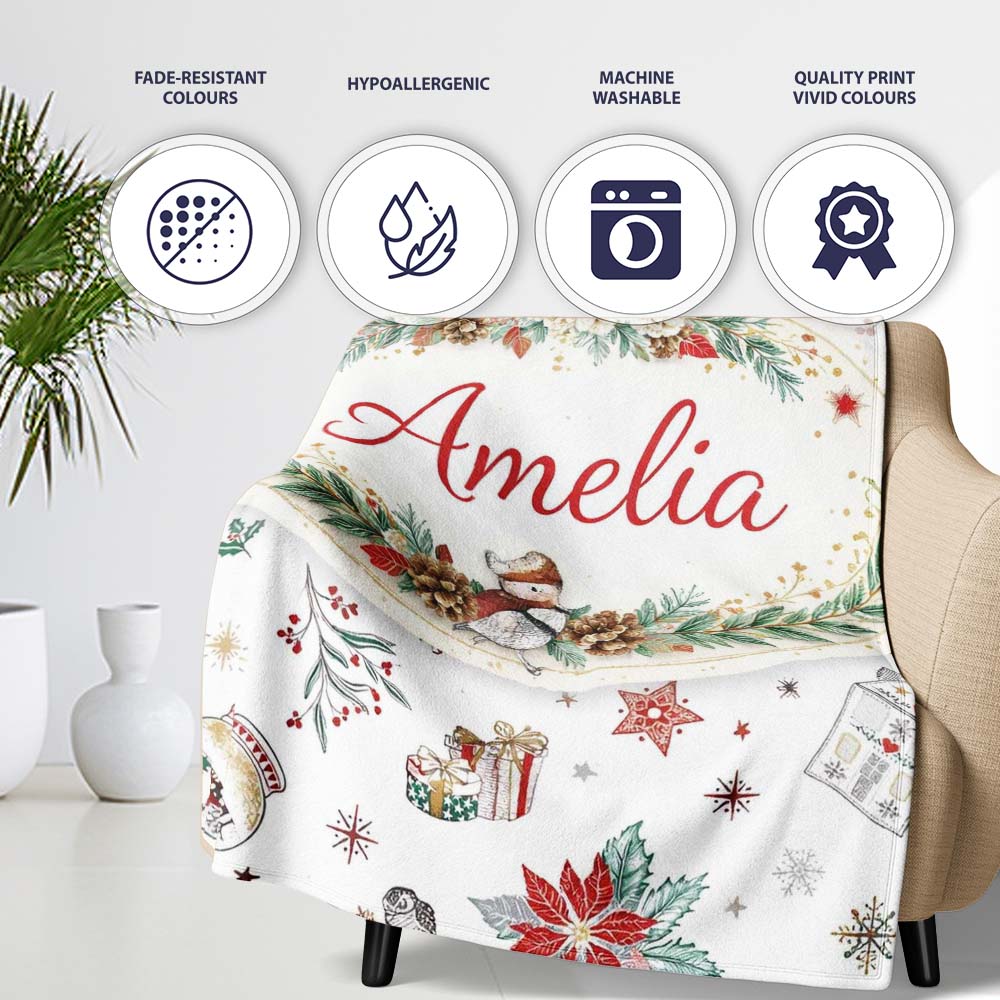 Christmas Icons Pattern Snowflakes Gifts Baubles Seamless Design Personalised Custom Name Super Soft Fleece Blanket Bed Sofa Throw