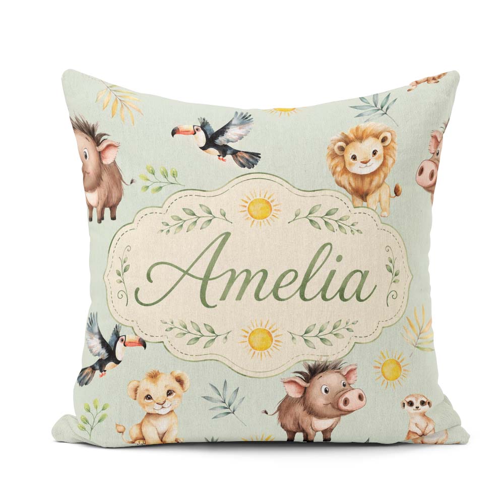 Custom Name Safari Animals Lion Meerkat and Warthog with Sun and Square Filled Cushion Throw Pillow Sofa Bed Home Decor Zip Washable UK Made