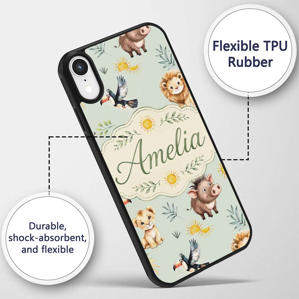 Cute Safari Animals Lion Meerkat Printed Design Custom Name Protective Phone Case Mobile Cover Durable Everyday Smartphone Shock Resistant