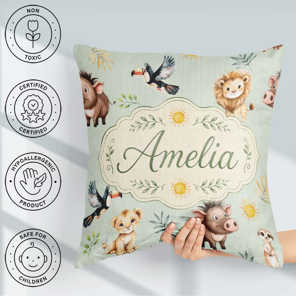 Custom Name Safari Animals Lion Meerkat and Warthog with Sun and Square Filled Cushion Throw Pillow Sofa Bed Home Decor Zip Washable UK Made