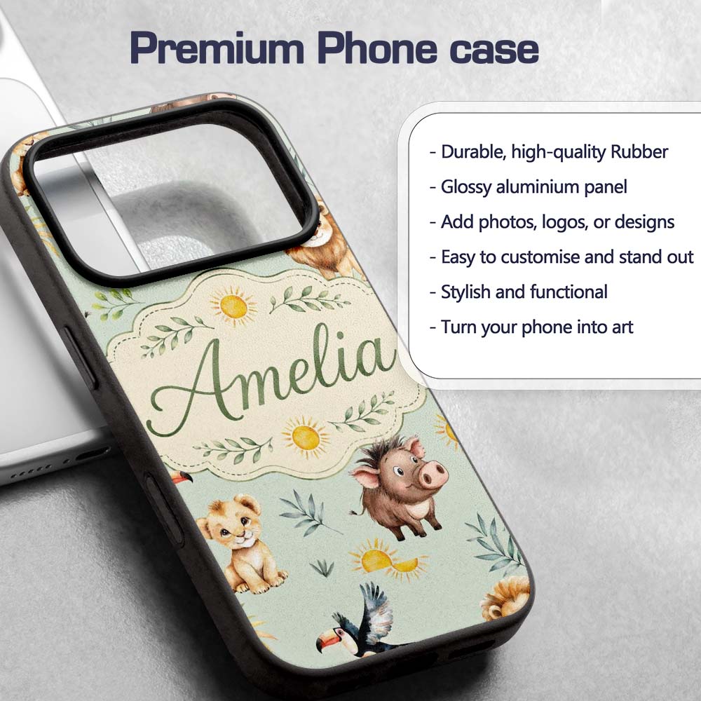 Cute Safari Animals Lion Meerkat Printed Design Custom Name Protective Phone Case Mobile Cover Durable Everyday Smartphone Shock Resistant