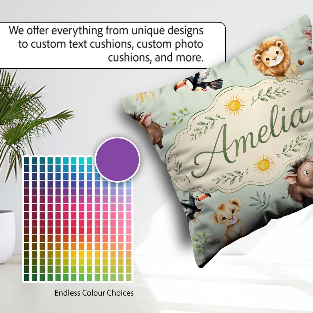 Custom Name Safari Animals Lion Meerkat and Warthog with Sun and Square Filled Cushion Throw Pillow Sofa Bed Home Decor Zip Washable UK Made