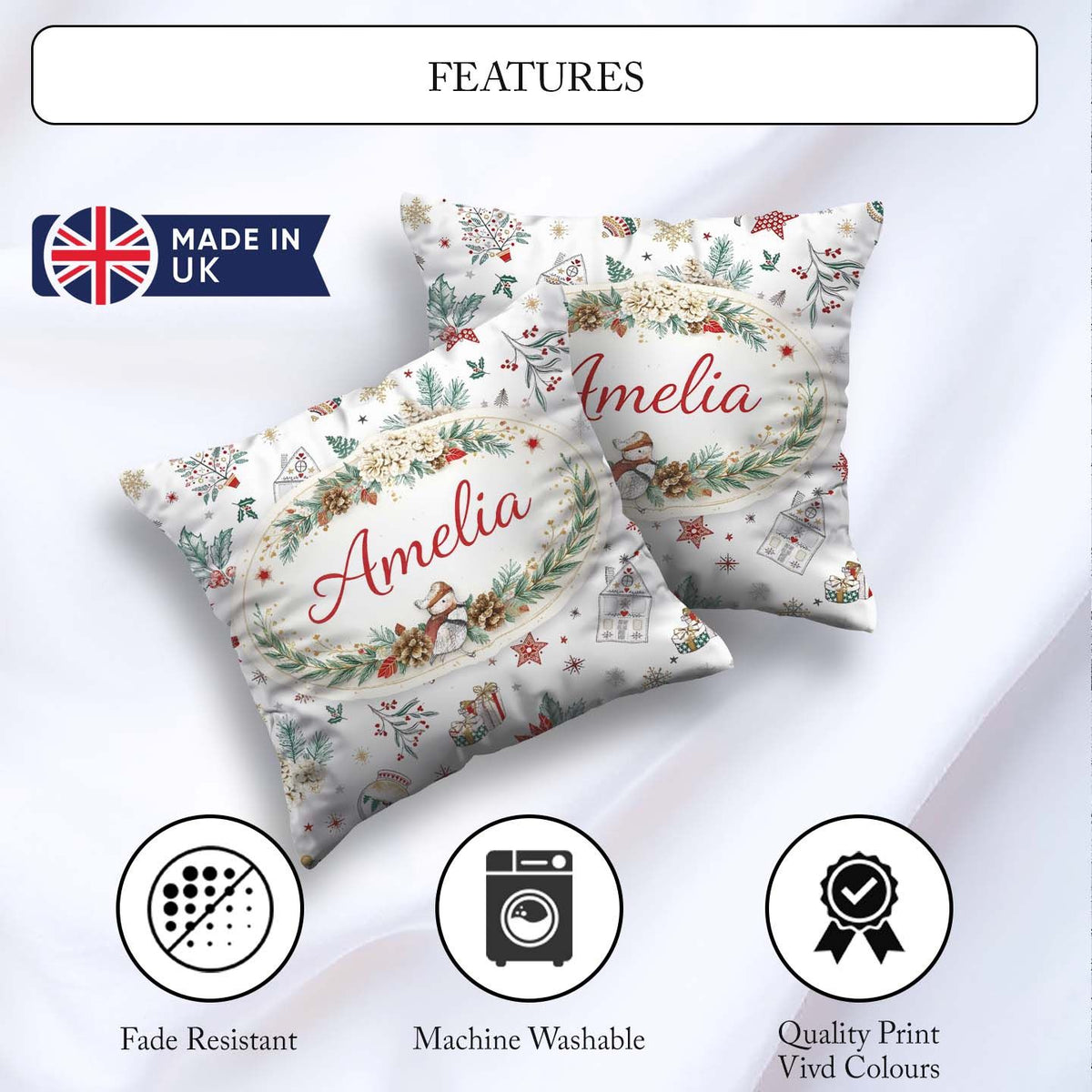 Custom Name Christmas Pattern Snowflakes Baubles Seamless Design Square Filled Cushion Throw Pillow Sofa Bed Home Decor Zip Washable UK Made