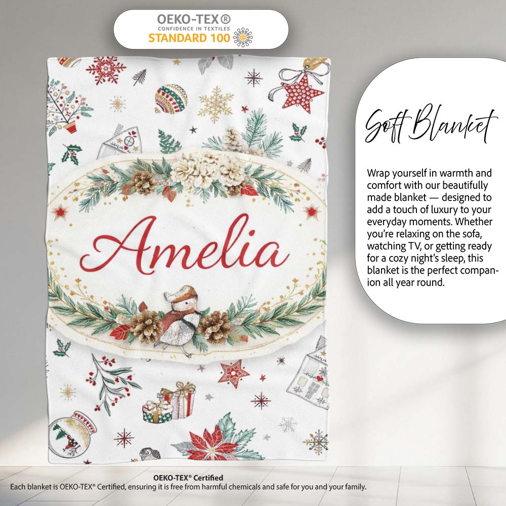 Christmas Icons Pattern Snowflakes Gifts Baubles Seamless Design Personalised Custom Name Super Soft Fleece Blanket Bed Sofa Throw
