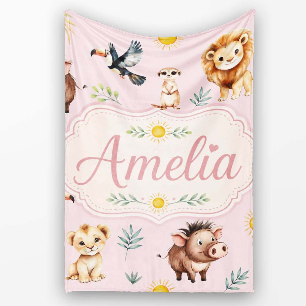 Cute Safari Animals Lion Meerkat Toucan and Warthog with Sun Personalised Custom Name Super Soft Fleece Blanket Bed Sofa Throw