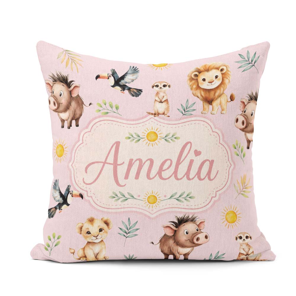 Custom Name Cute Safari Animals Lion Meerkat Toucan and with Sun Square Filled Cushion Throw Pillow Sofa Bed Home Decor Zip Washable UK Made