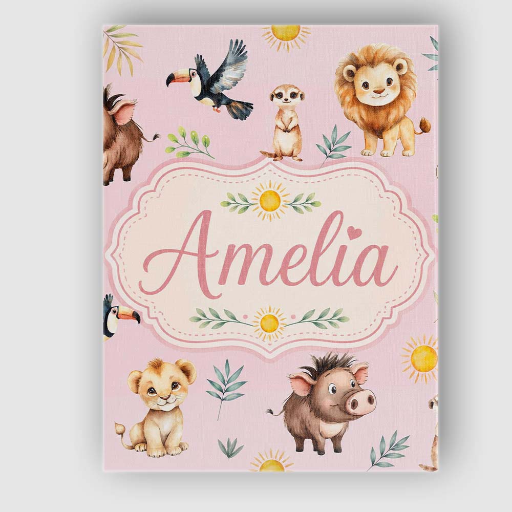 Personalised Name Cute Safari Animals Lion Custom Unique Gift Idea Elegant Feature Canvas Wall Art Print Decor Picture Ready to Hang