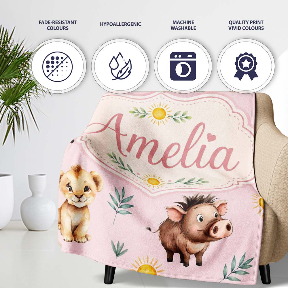 Cute Safari Animals Lion Meerkat Toucan and Warthog with Sun Personalised Custom Name Super Soft Fleece Blanket Bed Sofa Throw
