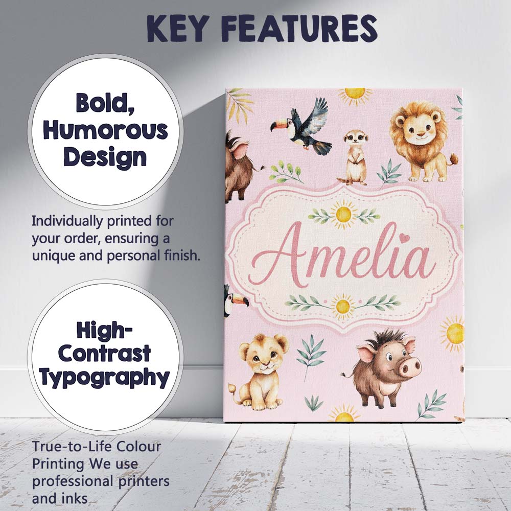 Personalised Name Cute Safari Animals Lion Custom Unique Gift Idea Elegant Feature Canvas Wall Art Print Decor Picture Ready to Hang