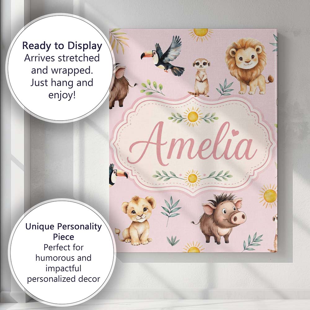 Personalised Name Cute Safari Animals Lion Custom Unique Gift Idea Elegant Feature Canvas Wall Art Print Decor Picture Ready to Hang