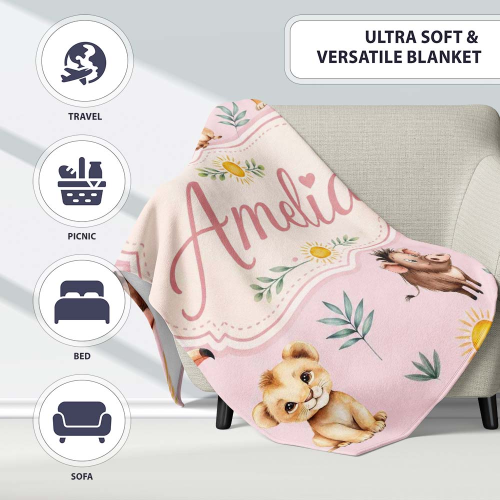 Cute Safari Animals Lion Meerkat Toucan and Warthog with Sun Personalised Custom Name Super Soft Fleece Blanket Bed Sofa Throw