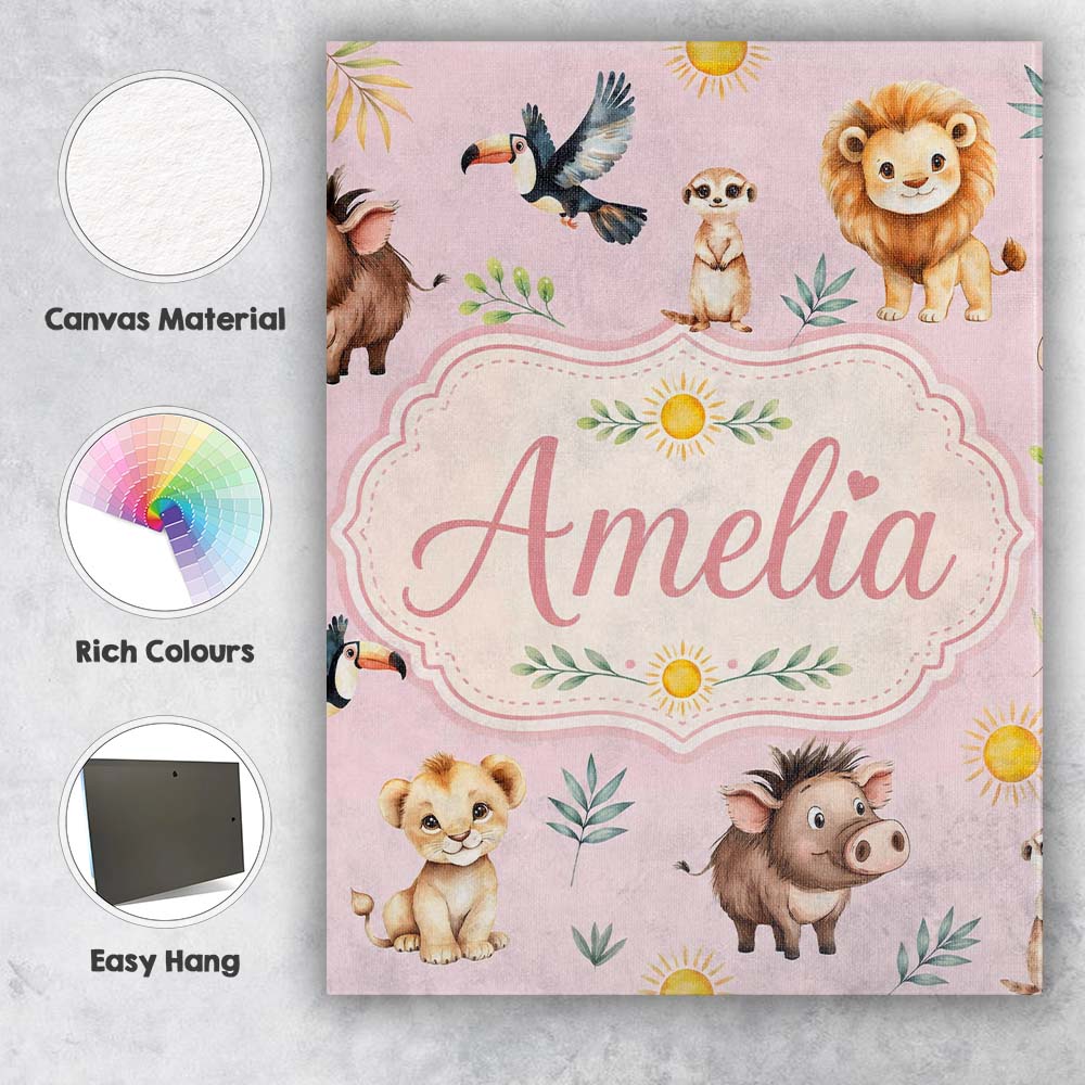 Personalised Name Cute Safari Animals Lion Custom Unique Gift Idea Elegant Feature Canvas Wall Art Print Decor Picture Ready to Hang