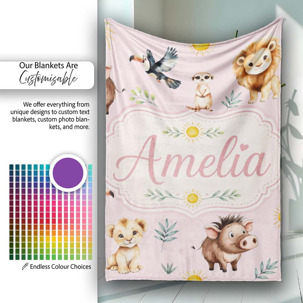 Cute Safari Animals Lion Meerkat Toucan and Warthog with Sun Personalised Custom Name Super Soft Fleece Blanket Bed Sofa Throw