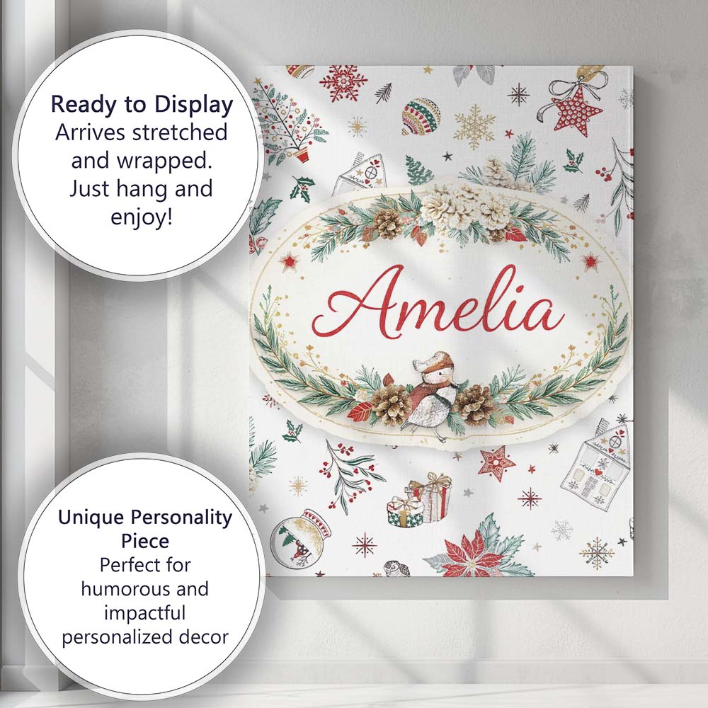 Personalised Name Christmas Icons Pattern Snowflakes Gifts Baubles Custom Unique Canvas Wall Art Print Decor Picture Ready to Hang