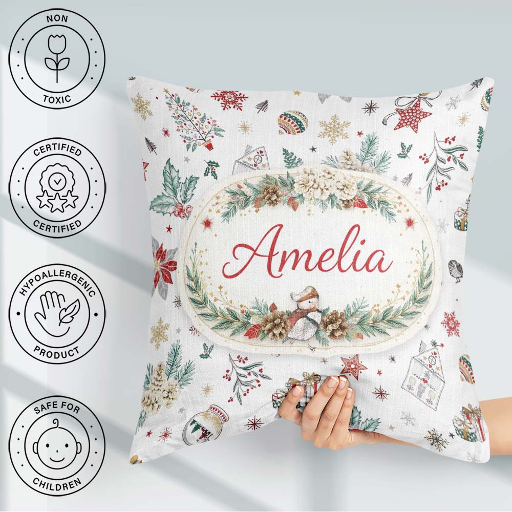 Custom Name Christmas Pattern Snowflakes Baubles Seamless Design Square Filled Cushion Throw Pillow Sofa Bed Home Decor Zip Washable UK Made