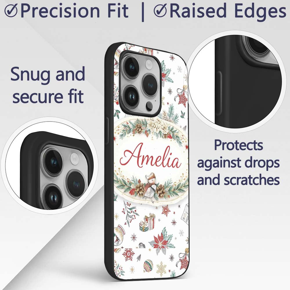Christmas Icons Pattern Snowflakes Gifts Baubles Custom Name Protective Phone Case Mobile Cover Durable Everyday Smartphone Shock Resistant