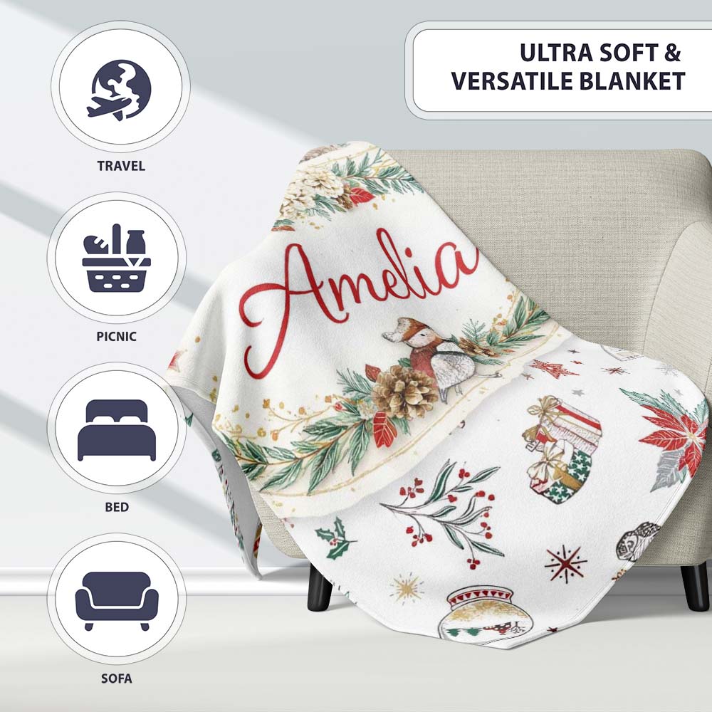 Christmas Icons Pattern Snowflakes Gifts Baubles Seamless Design Personalised Custom Name Super Soft Fleece Blanket Bed Sofa Throw