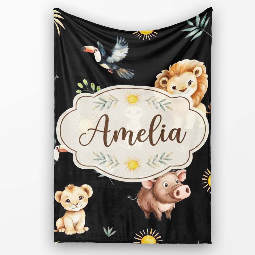 Cute Safari Animals Lion Meerkat Toucan and Warthog with Sun Personalised Custom Name Super Soft Fleece Blanket Bed Sofa Throw