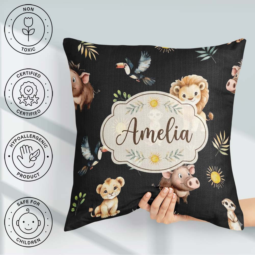 Custom Name Cute Safari Animals Lion Meerkat Toucan and with Sun Square Filled Cushion Throw Pillow Sofa Bed Home Decor Zip Washable UK Made