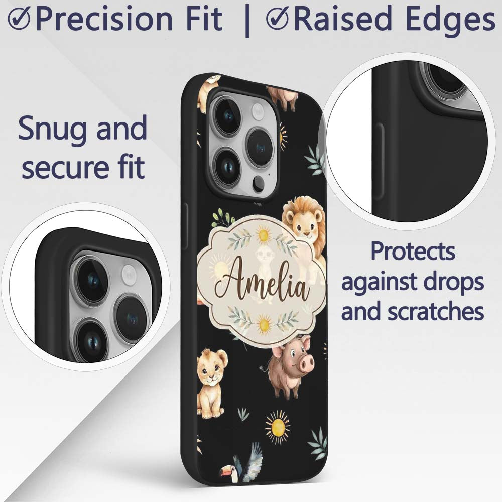 Cute Safari Animals Lion Meerkat Printed Design Custom Name Protective Phone Case Mobile Cover Durable Everyday Smartphone Shock Resistant