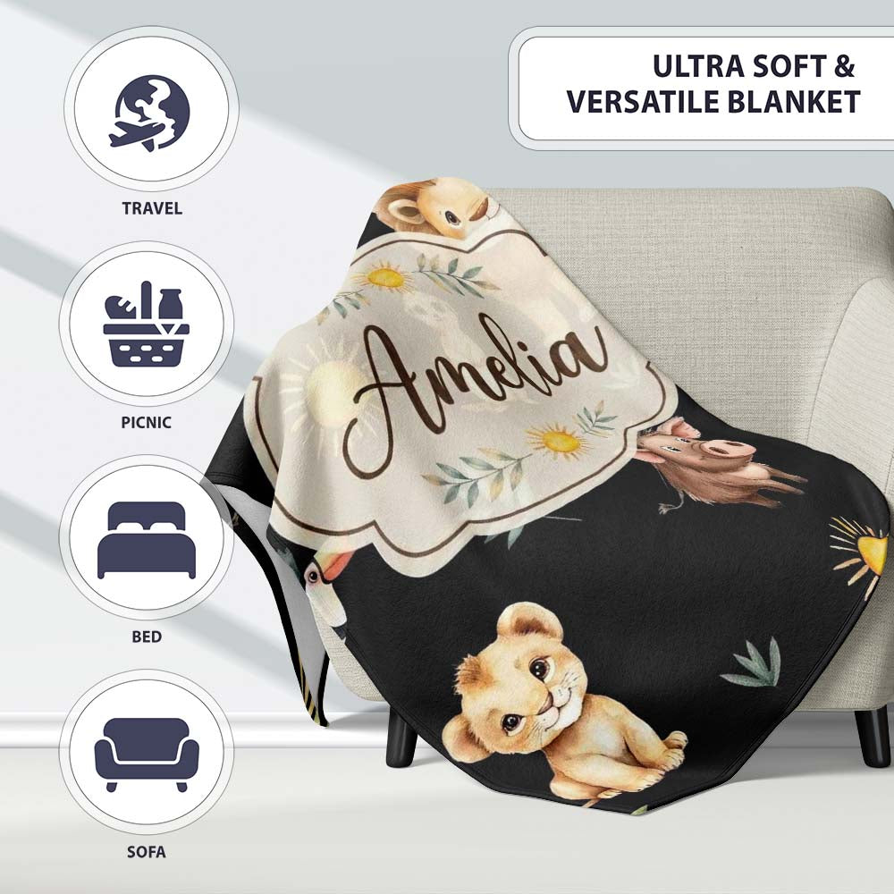 Cute Safari Animals Lion Meerkat Toucan and Warthog with Sun Personalised Custom Name Super Soft Fleece Blanket Bed Sofa Throw