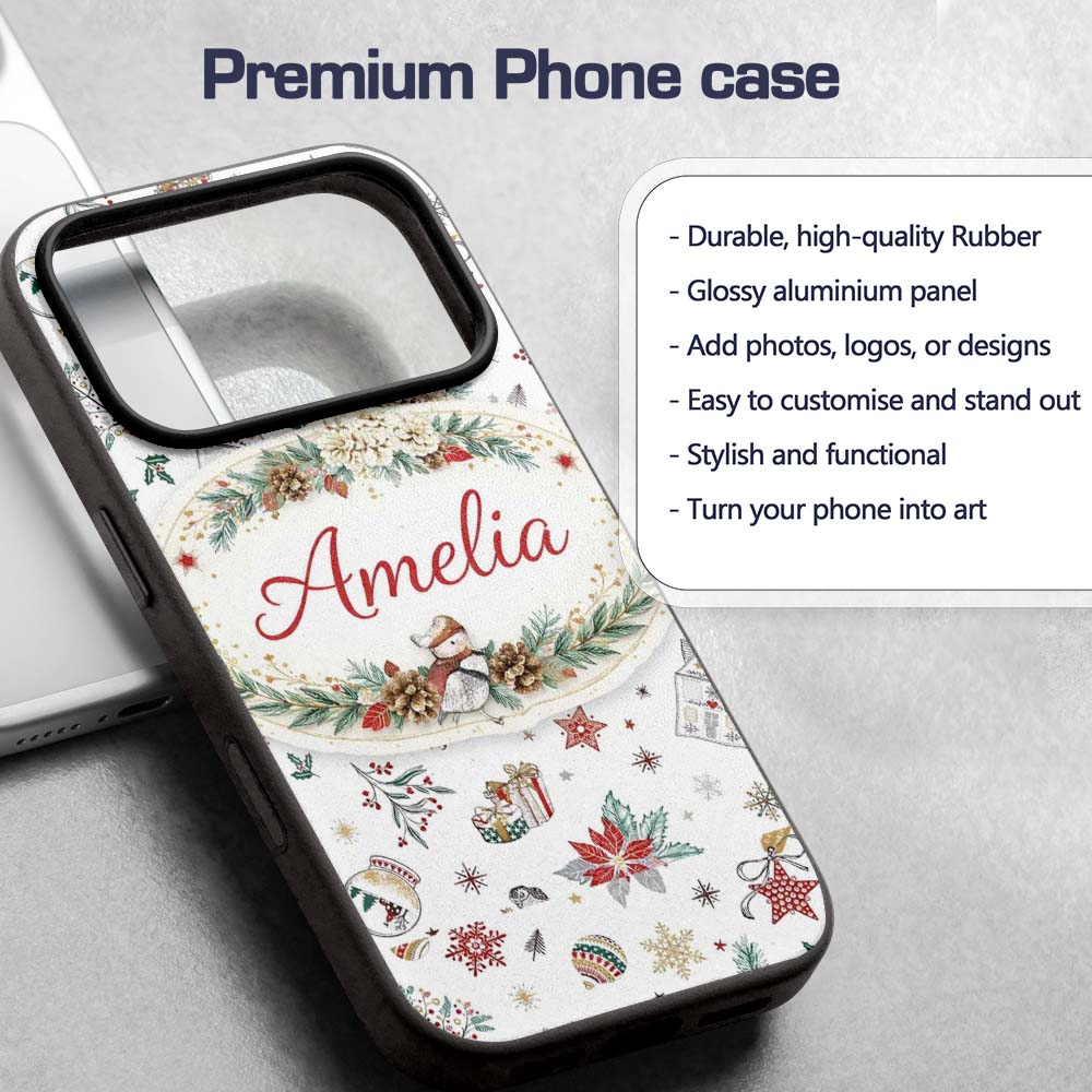 Christmas Icons Pattern Snowflakes Gifts Baubles Custom Name Protective Phone Case Mobile Cover Durable Everyday Smartphone Shock Resistant