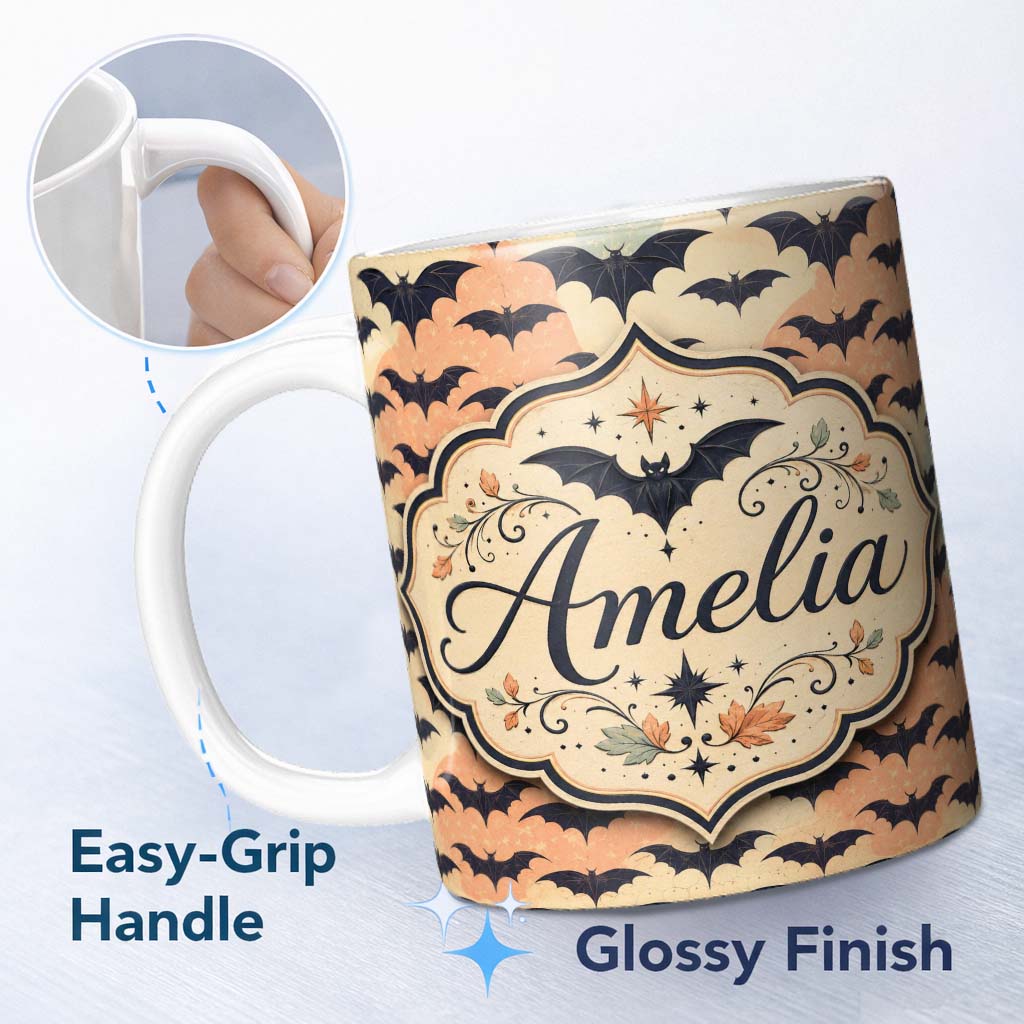 Personalized Custom Name Bats with Pastel Cloud Layers Unique Halloween Seamless Pattern 11oz Ceramic Coffee Tea Mug White Large Handle