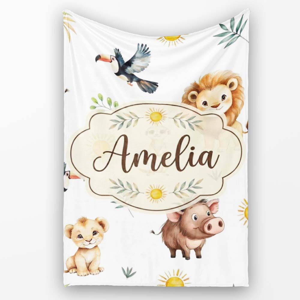 Cute Safari Animals Lion Meerkat Toucan and Warthog with Sun and Personalised Custom Name Super Soft Fleece Blanket Bed Sofa Throw