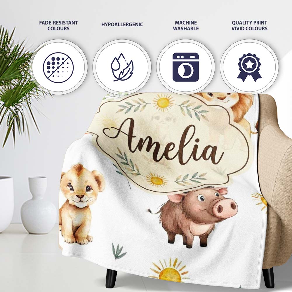 Cute Safari Animals Lion Meerkat Toucan and Warthog with Sun and Personalised Custom Name Super Soft Fleece Blanket Bed Sofa Throw