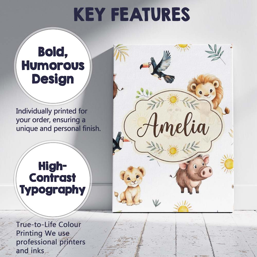 Personalised Name Cute Safari Animals Lion Custom Unique Gift Idea Elegant Feature Canvas Wall Art Print Decor Picture Ready to Hang