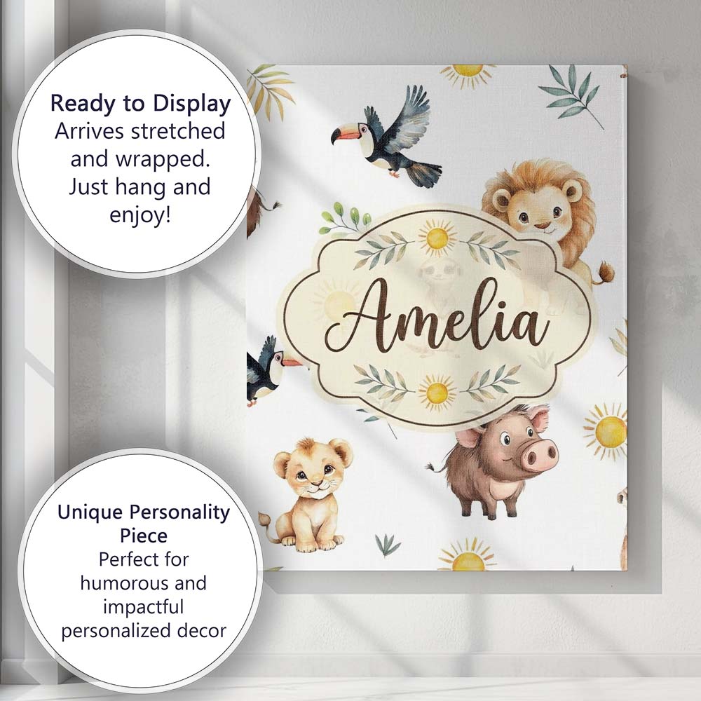 Personalised Name Cute Safari Animals Lion Custom Unique Gift Idea Elegant Feature Canvas Wall Art Print Decor Picture Ready to Hang