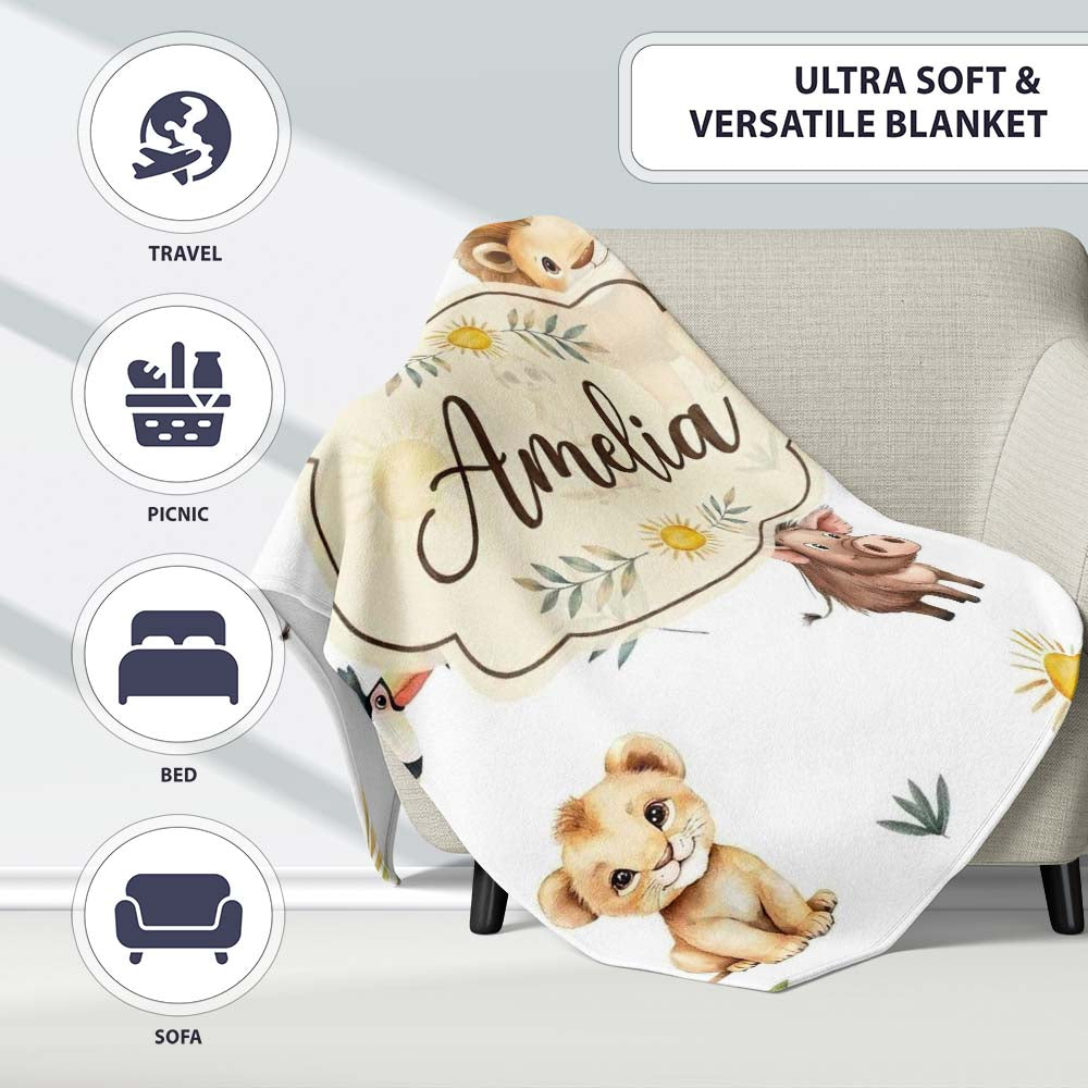 Cute Safari Animals Lion Meerkat Toucan and Warthog with Sun and Personalised Custom Name Super Soft Fleece Blanket Bed Sofa Throw