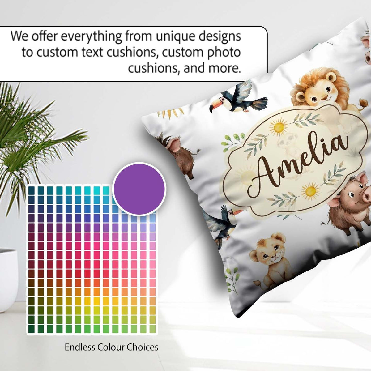 Custom Name Safari Animals Lion Meerkat and Warthog with Sun and Square Filled Cushion Throw Pillow Sofa Bed Home Decor Zip Washable UK Made