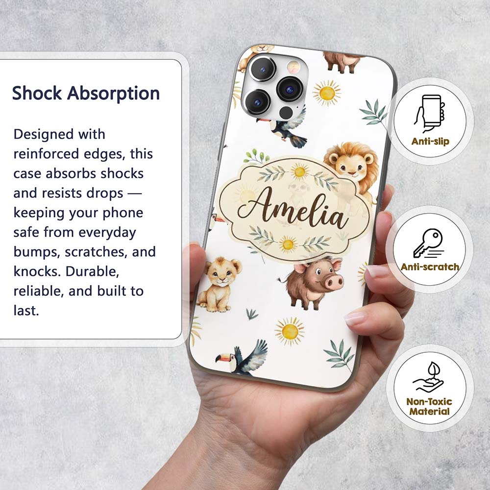Cute Safari Animals Lion Meerkat Printed Design Custom Name Protective Phone Case Mobile Cover Durable Everyday Smartphone Shock Resistant