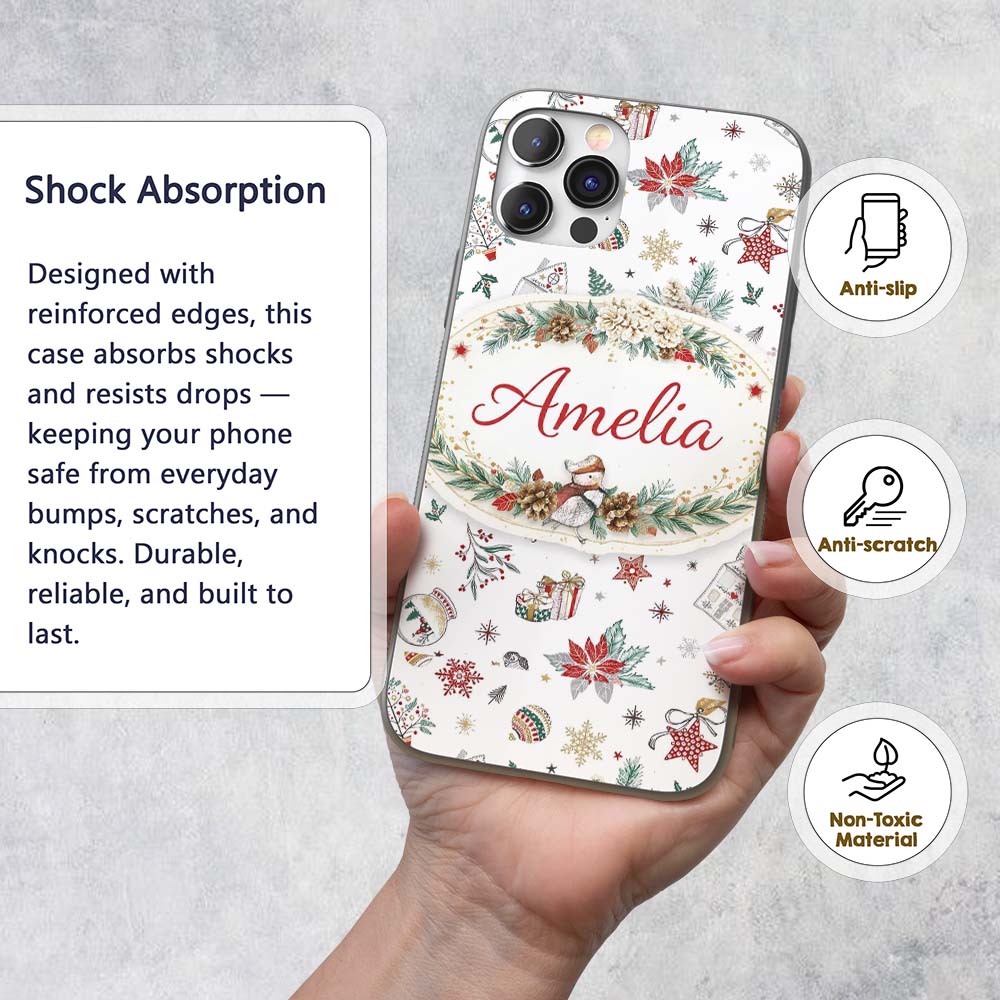 Christmas Icons Pattern Snowflakes Gifts Baubles Custom Name Protective Phone Case Mobile Cover Durable Everyday Smartphone Shock Resistant