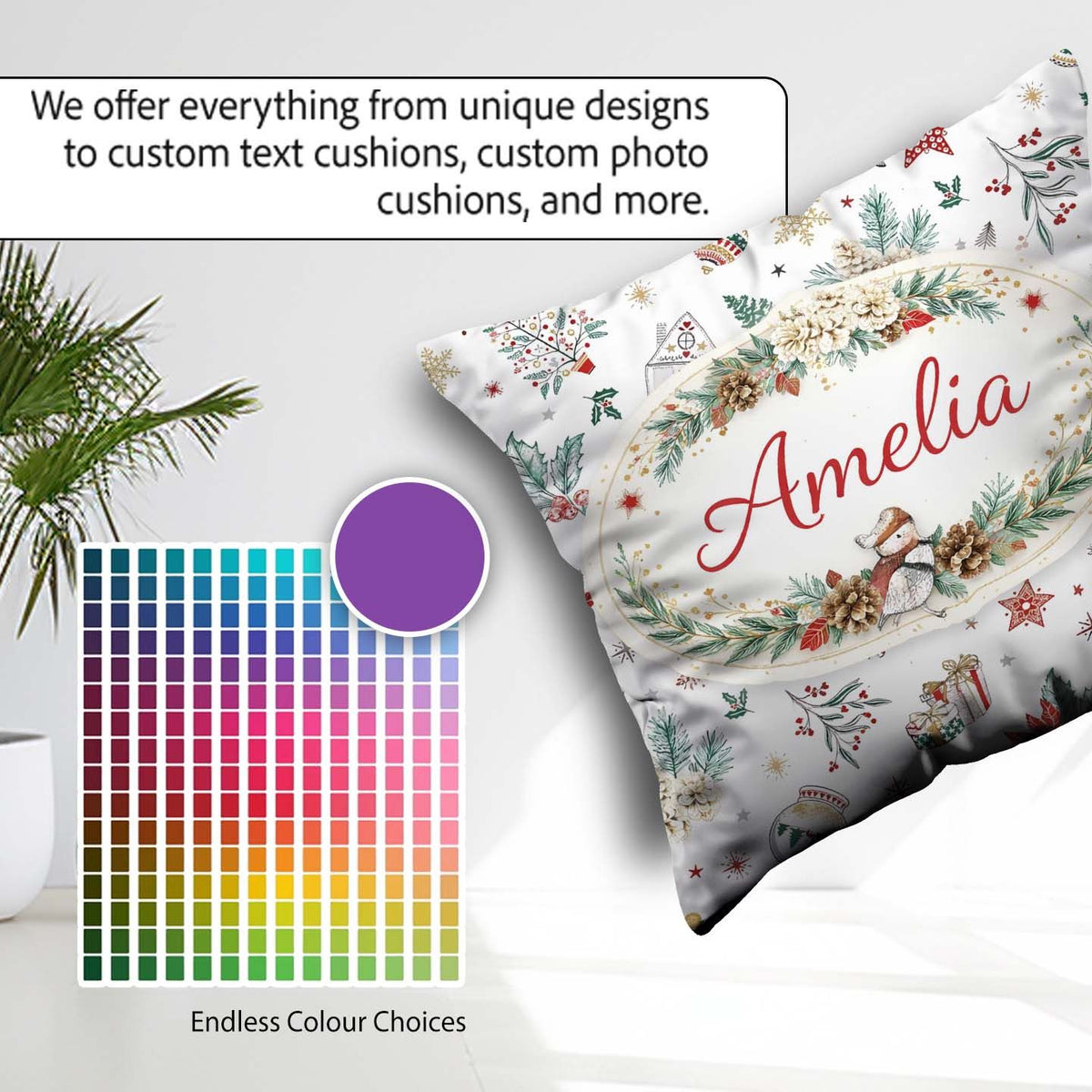 Custom Name Christmas Pattern Snowflakes Baubles Seamless Design Square Filled Cushion Throw Pillow Sofa Bed Home Decor Zip Washable UK Made