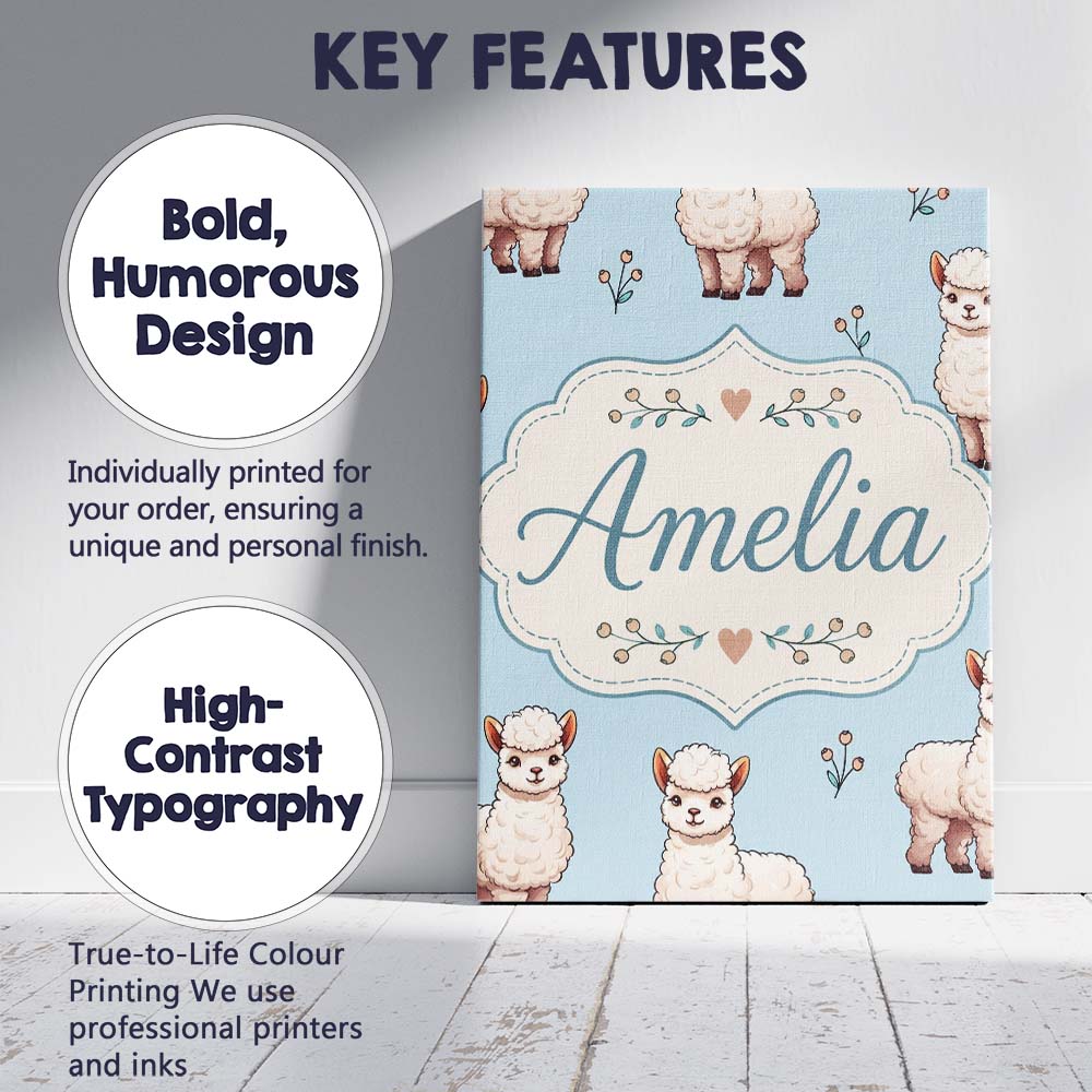 Personalised Name Cute Alpaca Llama Pattern Custom Bespoke Interior Contemporary Canvas Wall Art Print Decor Picture Ready to Hang