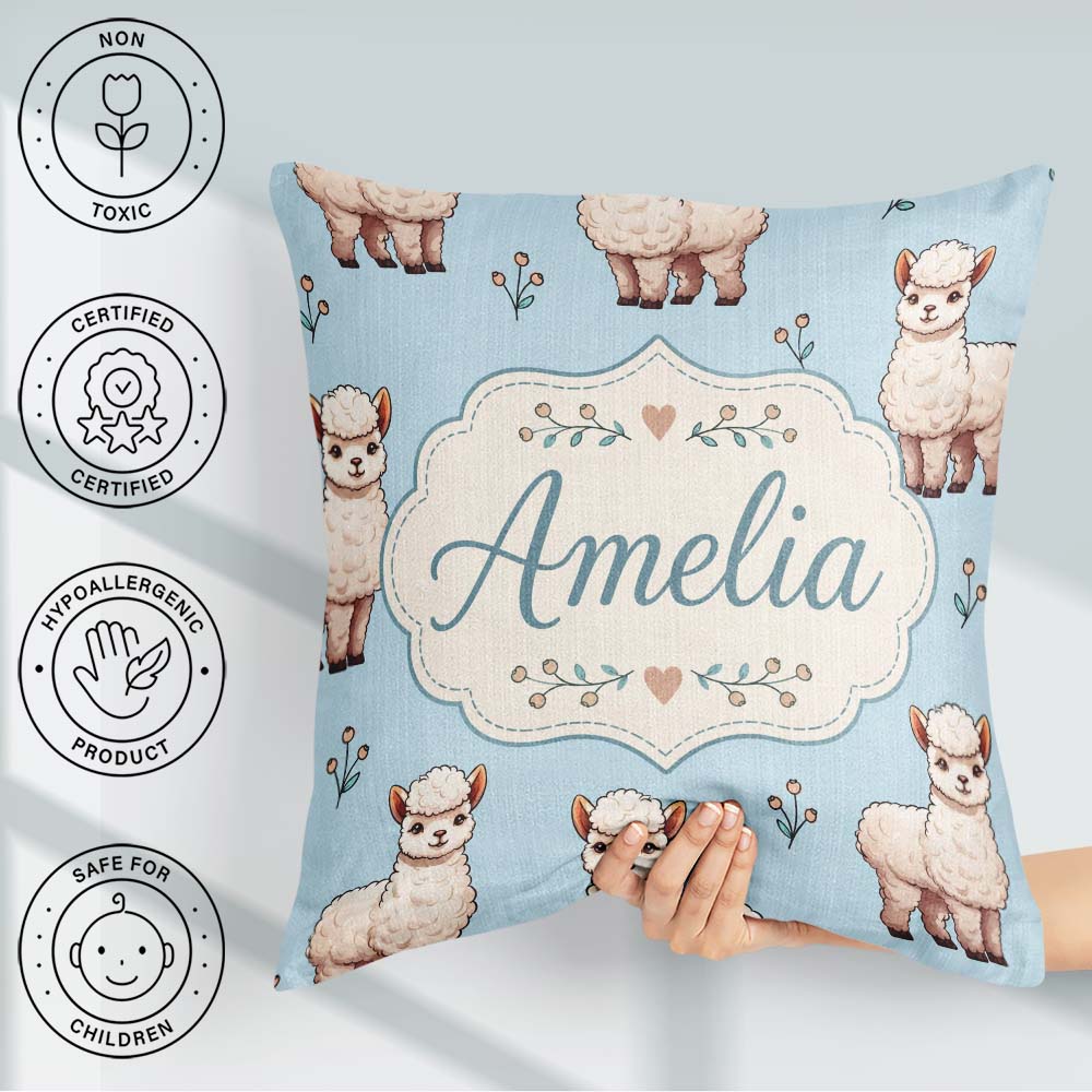 Custom Name Alpaca Llama Pattern with Floral Sprigs on Soft Blue Square Filled Cushion Throw Pillow Sofa Bed Home Decor Zip Washable UK Made