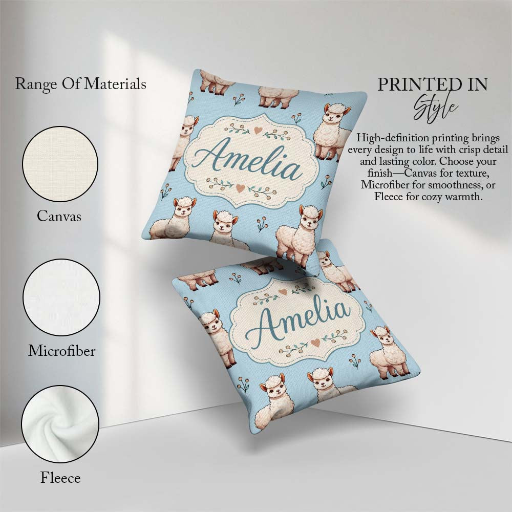 Custom Name Alpaca Llama Pattern with Floral Sprigs on Soft Blue Square Filled Cushion Throw Pillow Sofa Bed Home Decor Zip Washable UK Made
