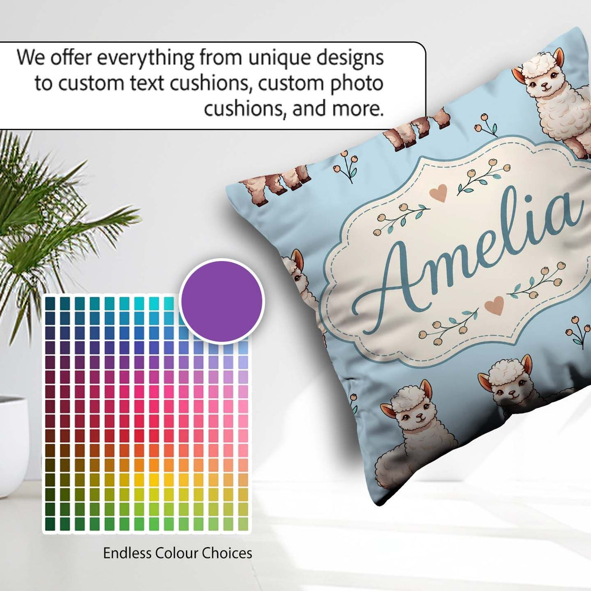 Custom Name Alpaca Llama Pattern with Floral Sprigs on Soft Blue Square Filled Cushion Throw Pillow Sofa Bed Home Decor Zip Washable UK Made
