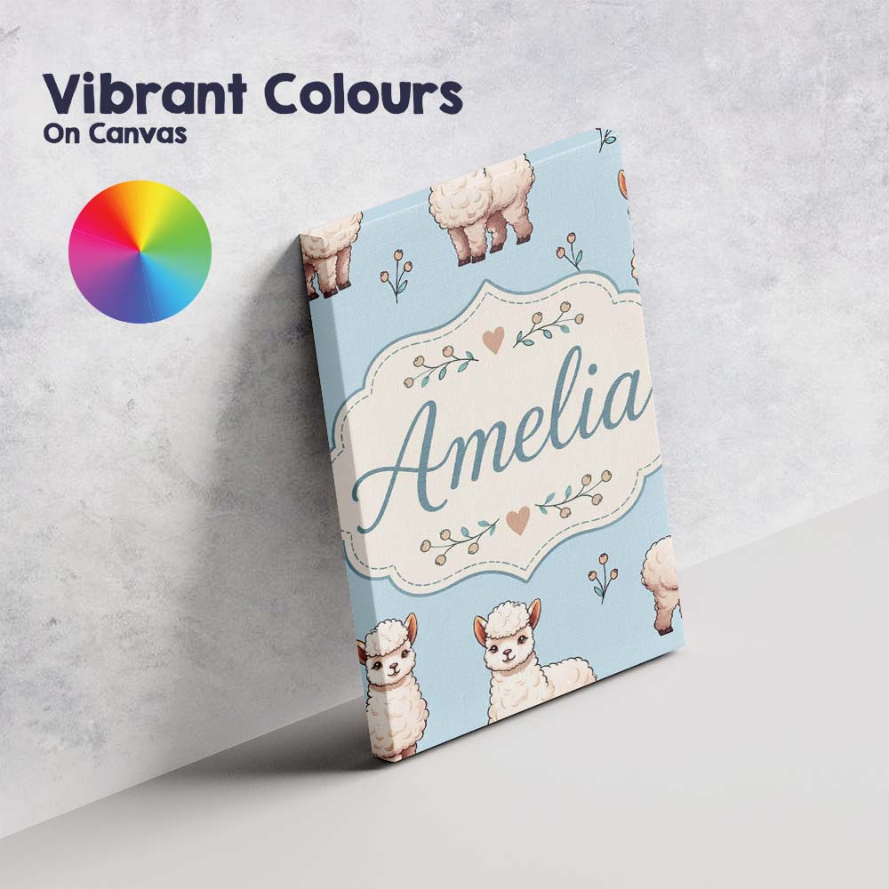 Personalised Name Cute Alpaca Llama Pattern Custom Bespoke Interior Contemporary Canvas Wall Art Print Decor Picture Ready to Hang