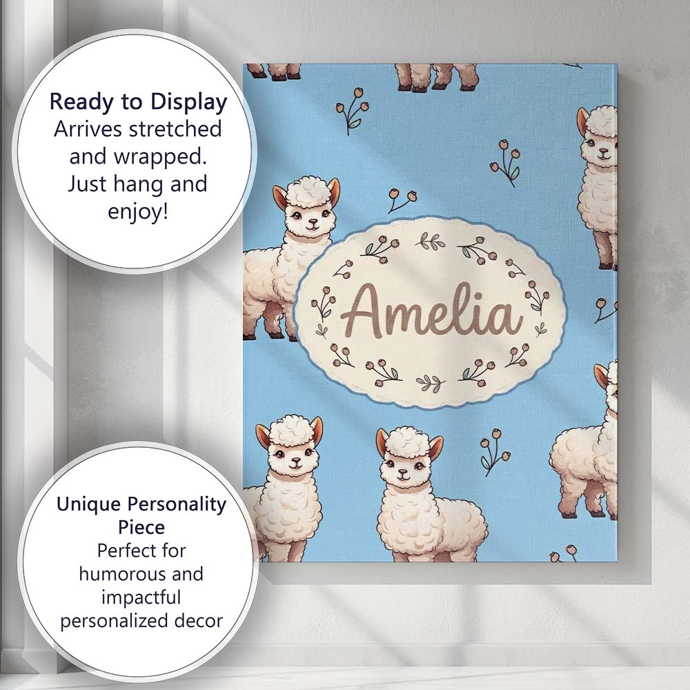 Personalised Name Cute Alpaca Llama Pattern Custom Bespoke Interior Contemporary Canvas Wall Art Print Decor Picture Ready to Hang