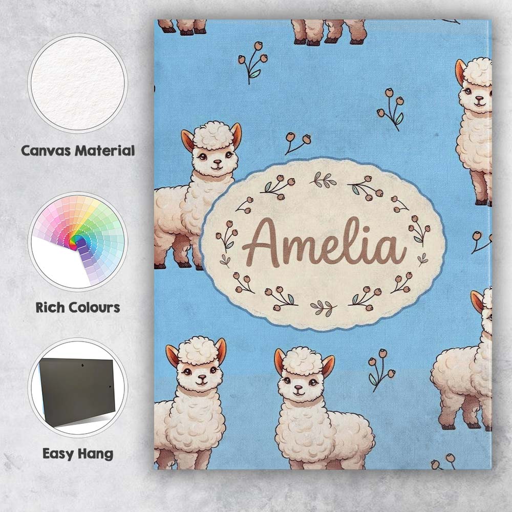 Personalised Name Cute Alpaca Llama Pattern Custom Bespoke Interior Contemporary Canvas Wall Art Print Decor Picture Ready to Hang