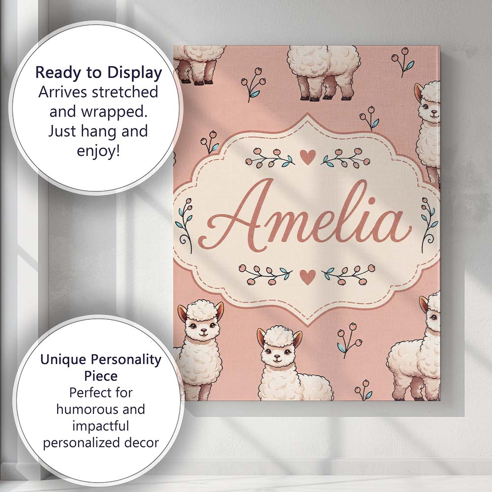 Personalised Name Cute Alpaca Llama Pattern Custom Bespoke Interior Contemporary Canvas Wall Art Print Decor Picture Ready to Hang