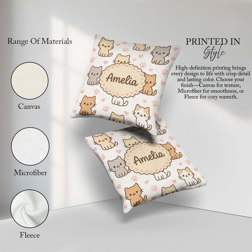 Custom Name Cute Kitten Hearts Cartoon Animal Pattern Decor Square Filled Cushion Throw Pillow Sofa Bed Home Decor Zip Washable UK Made