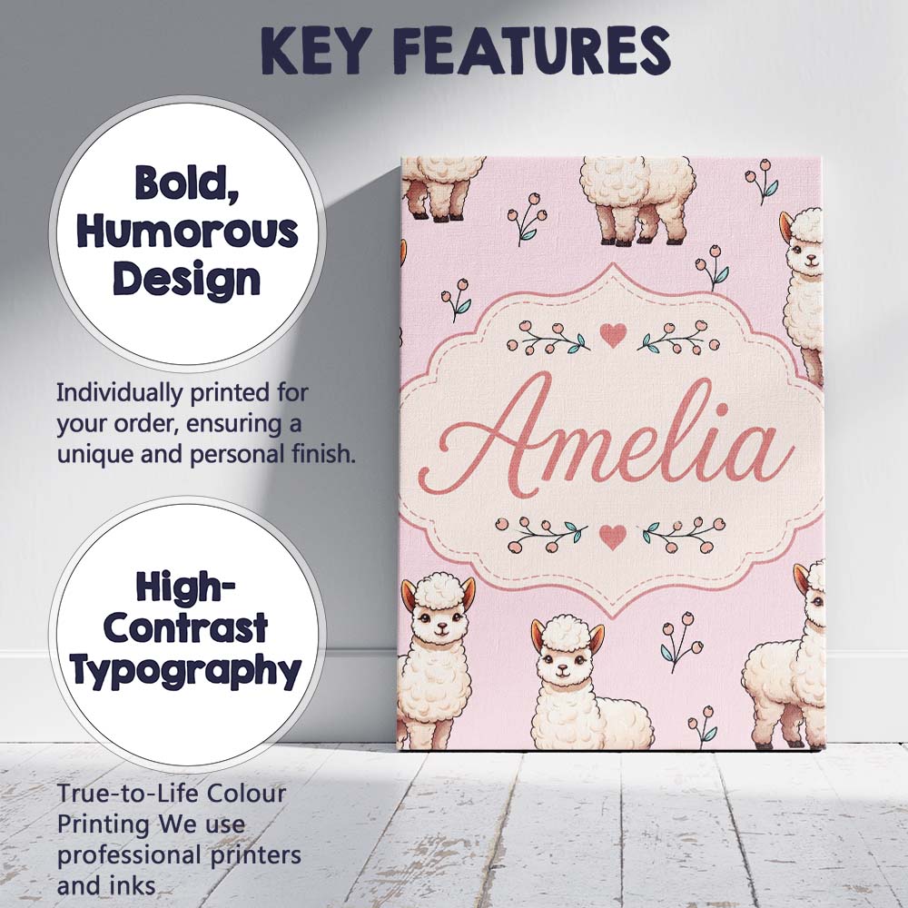 Personalised Name Cute Alpaca Llama Pattern Custom Bespoke Interior Contemporary Canvas Wall Art Print Decor Picture Ready to Hang