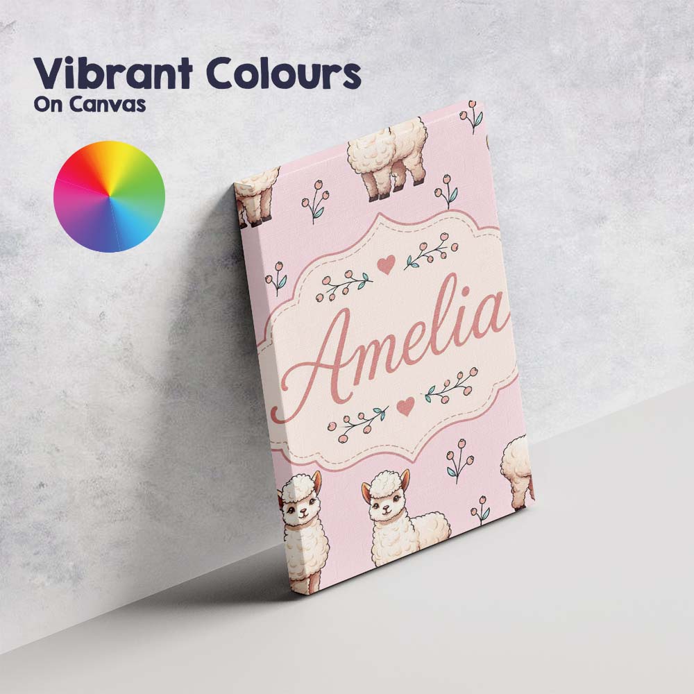 Personalised Name Cute Alpaca Llama Pattern Custom Bespoke Interior Contemporary Canvas Wall Art Print Decor Picture Ready to Hang