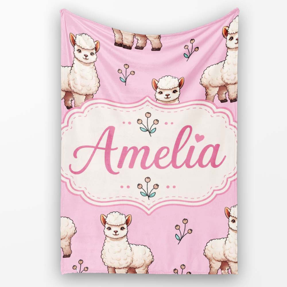 Cute Alpaca Llama Pattern with Floral Sprigs on Pink Background Personalised Custom Name Super Soft Fleece Blanket Bed Sofa Throw