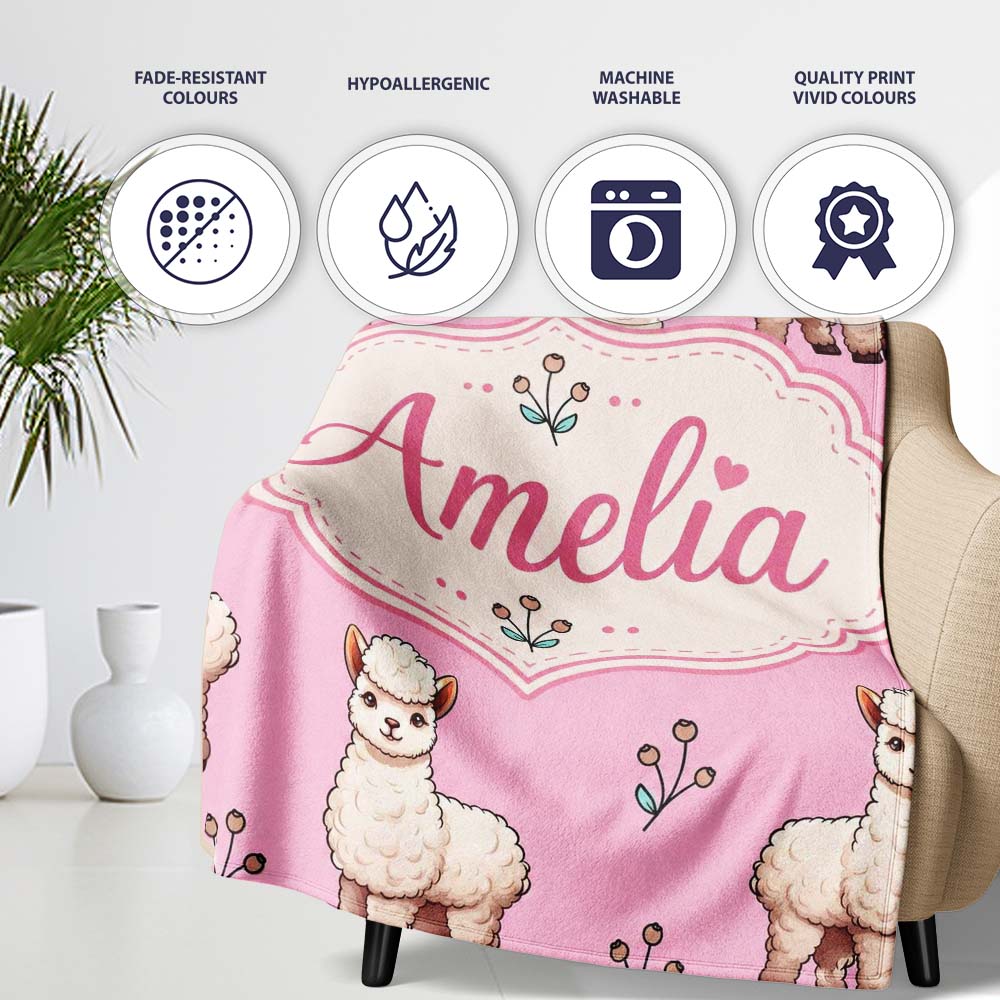 Cute Alpaca Llama Pattern with Floral Sprigs on Pink Background Personalised Custom Name Super Soft Fleece Blanket Bed Sofa Throw